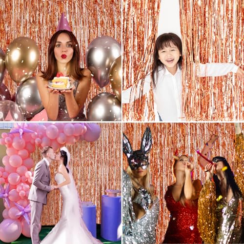 Image of Rose Gold Birthday Party Decorations Foil Fringe Backdrop Curtain 2 Pack 3.3x8.2 Ft, Rose Gold Streamers Happy Birthday Banner Backdrop Arch Decor for Sweet 16 Women Girl Baby Shower Bridal Shower