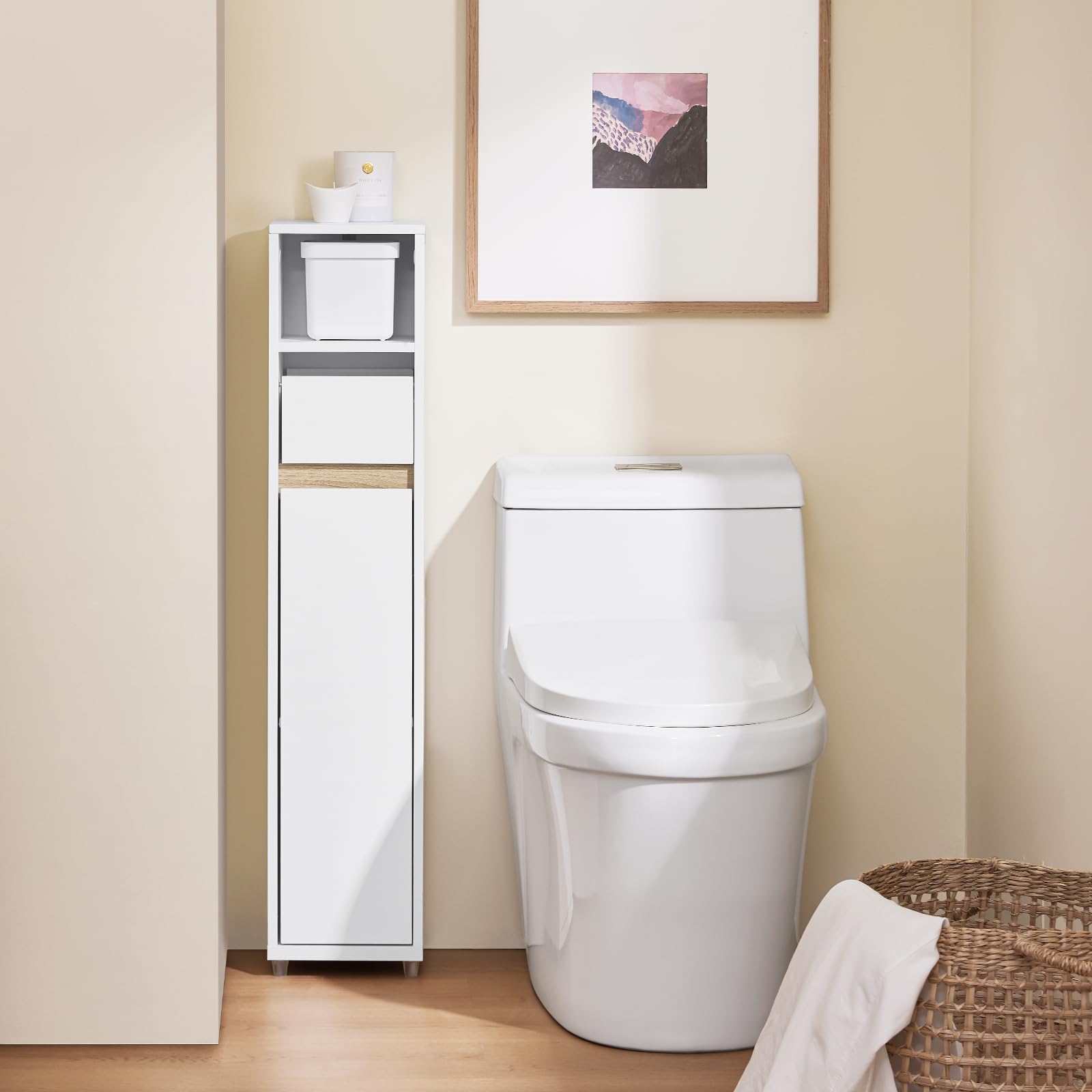 SoBuy Mobiletto Bagno Salvaspazio Colonna Stretta Armadietto Bagno con Cassetto & Ripiano Regolabile per Spazi Stretti WC Piccoli Bianco 20x20x96cm BZR151-W