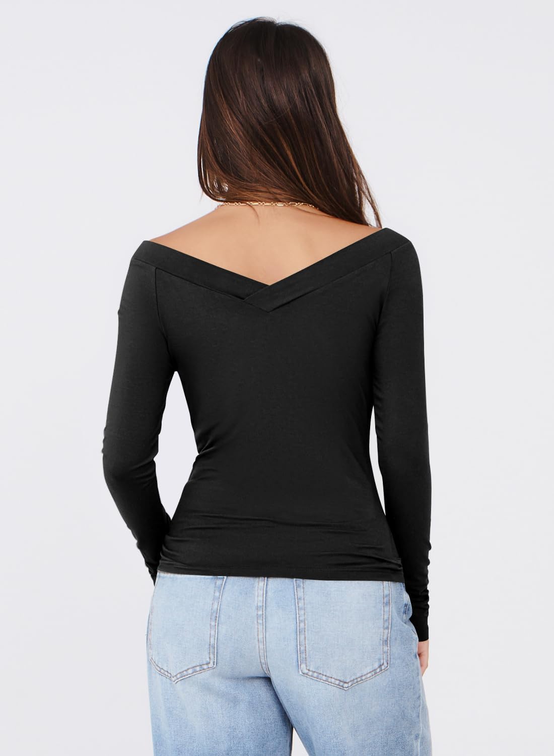 MIHOLL Womens Long Sleeve Off The Shoulder Tops Y2K Going Out Slim Fit Crop V Neck Shirts Fall Fashion Clothes Outfits - Image 2