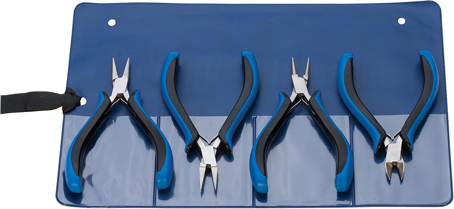 5" 4 Piece Ecco Ergonomic Plier Set with Flat Round Chain Nose Side Cutters Jewelry Making Tool Kit with Pouch