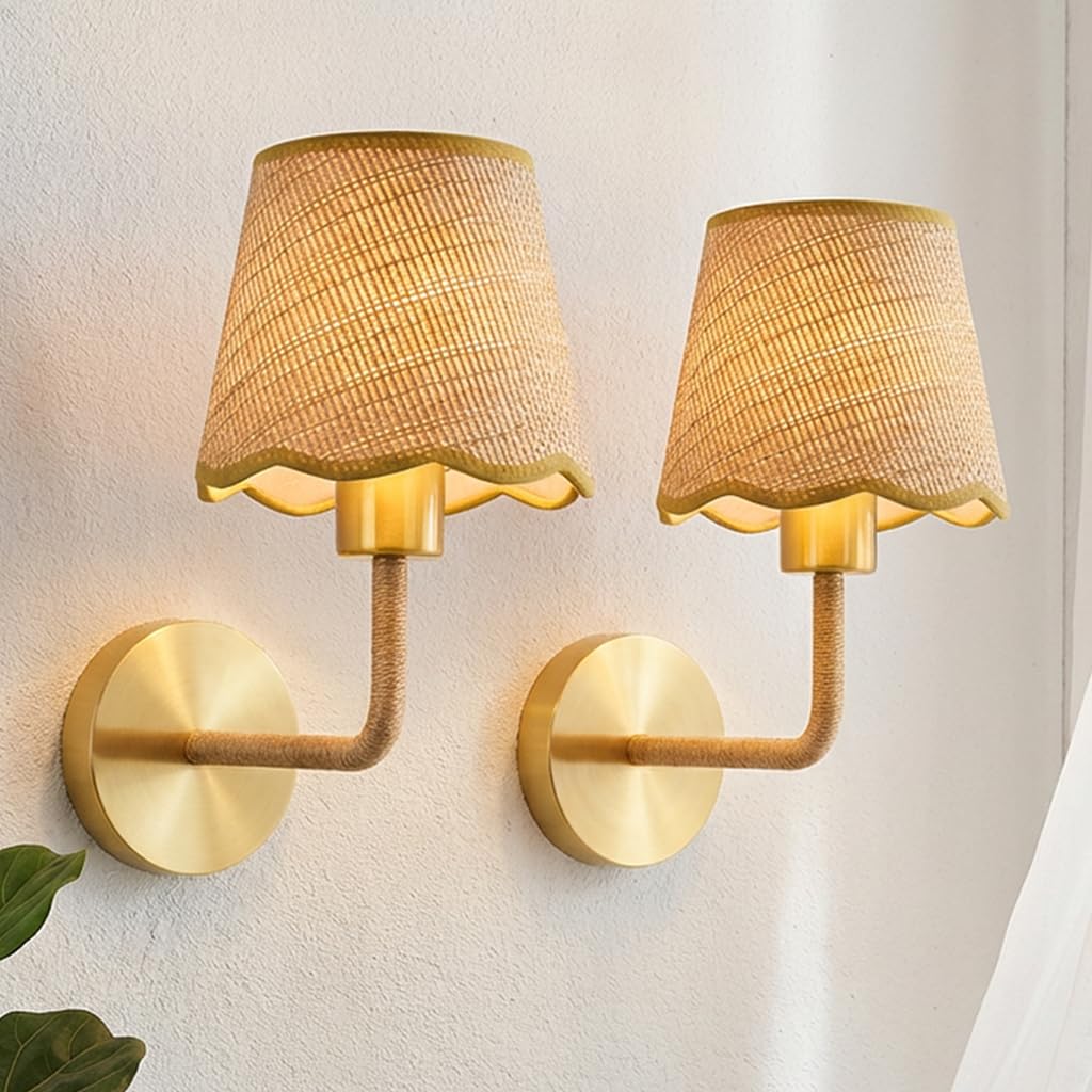 Wandlampe LED Wandleuchte Innen, 2 Stück Retro Wandbeleuchtung 3 Farbtemperaturen Gold Wandlampen Mit Rattan Lampenschirm, Wandleuchten für Badezimmer Schlafzimmer Wohnzimmer Beleuchtung Flur