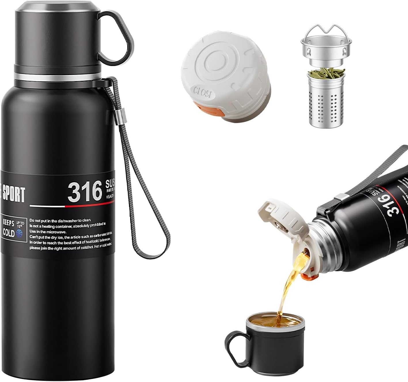 Stainless steel Vacuum Thermoses Bottle With Tea Infuser & Cup,Double Layer Insulated Coffee Bottles for Hot and Cold Drink Water Flask (Black, 820ML)