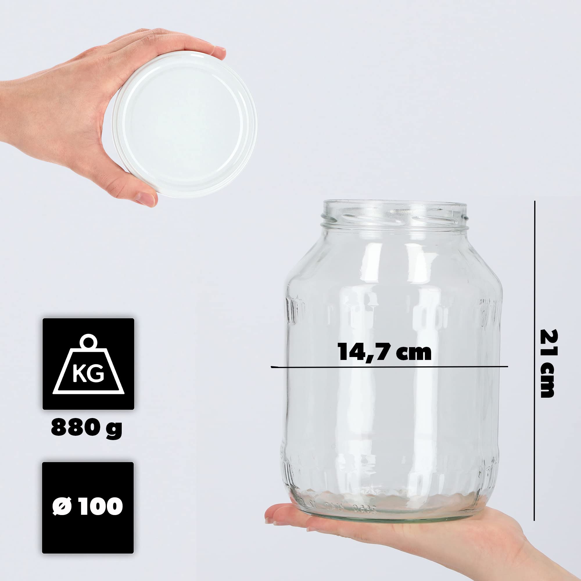KADAX Tarros de cristal para conservas (2,5 L, fi100 mm, 12 unidades, tapa blanca)