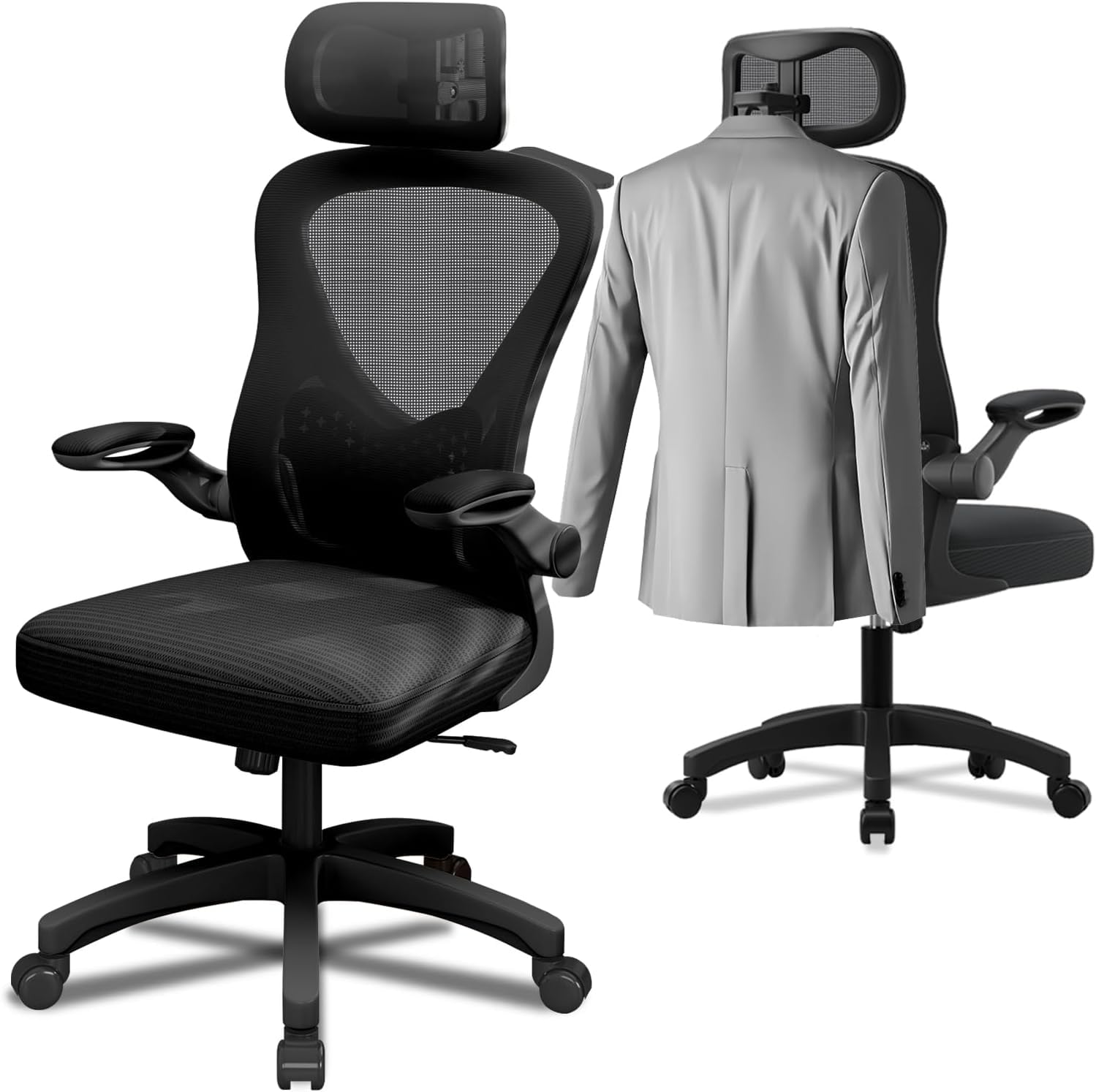 BüRostuhl, Office Chair Mit 90° Hochklappbare Armlehnen und 3D-KopfstüTze, Ergonomischer Netz-BüRostuhl, 10 cm HöHenverstellbar, Weiches 50 X 50 cm Sitzkissen, 360° Drehbar, Schwarz