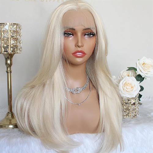 Miniatura 3 de Aisom Peluca de cabello sintético rubio platino 613 con encaje frontal, predepilada de 13 x 6 HD, sin pegamento, lacio, en capas, para mujeres, para
