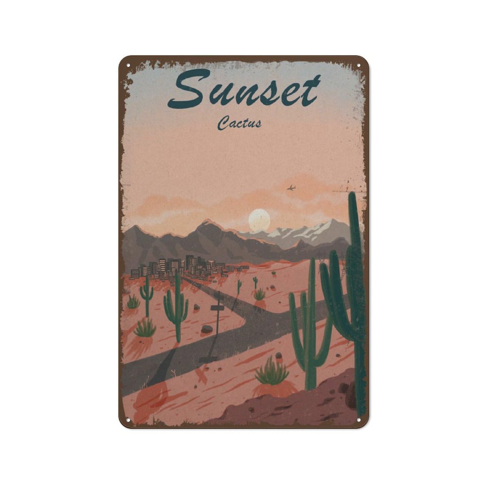 Beautiful Sunset Desert Cactus Succulent Bouquet Vintage Metal Tin Sign Decorable Cute Cacti Wall Art Southwestern Floral Decor Succulent Wall Sign Decor For Home Retro Wall Art Poster Gift 8"x12"