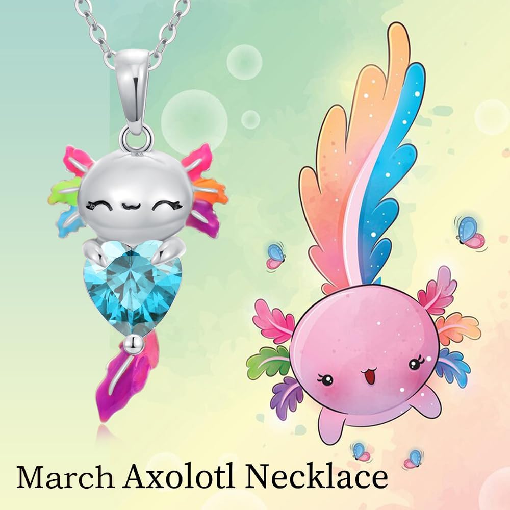 925 Sterling Silver Axolotl Necklace, Heart-Shaped Birthstone Axolotl Pendant Gemstone Necklaces Cute Animal Jewelry Gifts for Women Christmas Birthday, 18"+2" - Image 3