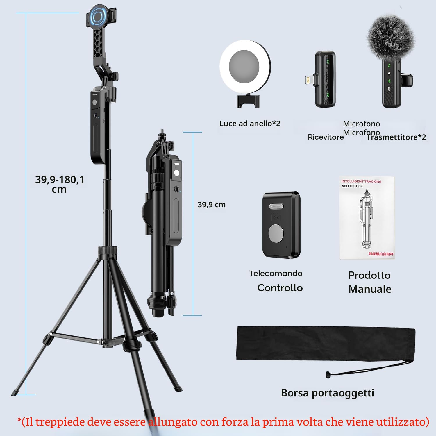 yAyusi Kit Vlogging per iPhone/Android, Automatico Volto Rilevamento Treppiede 180cm con Luce, Microfono e Telecomando, Set Completo per Creator TikTok e YouTube