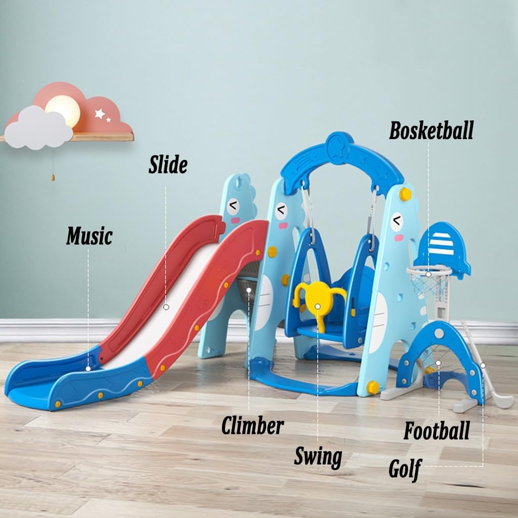 Toddler Slide and Swing Set, 6 in 1 Kid Play Climber Slide Playset, Freestanding Baby Slide Indoor Playground W/Basketball Hoop, Football Gate and Golf Hole