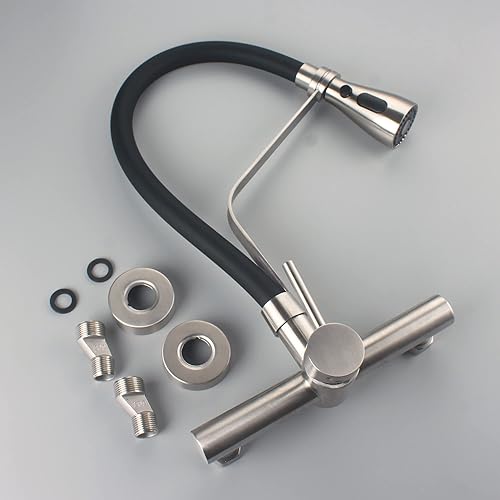 Miniatura 9 de Grifo de cocina comercial de montaje en pared con rociador desplegable Centro de 8 pulgadas, cepillo de acero inoxidable, níquel para restaurante,