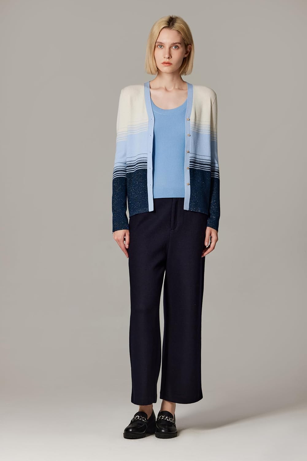 JENNIE LIU Womens Lurex Wool Cardigan | Metallic Button Up Sweater | Ultra Soft Shimmer Knit | Machine Washable Cardigan