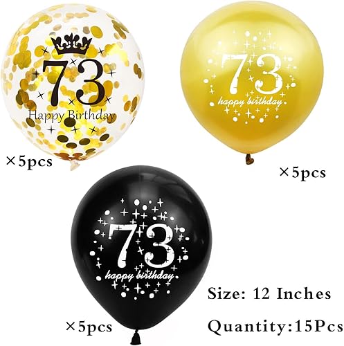 Miniatura 5 de SHUNTAI Globos dorados y negros para cumpleaños número 73, decoraciones de cumpleaños número 73 para hombres y mujeres, globos de látex de confeti,