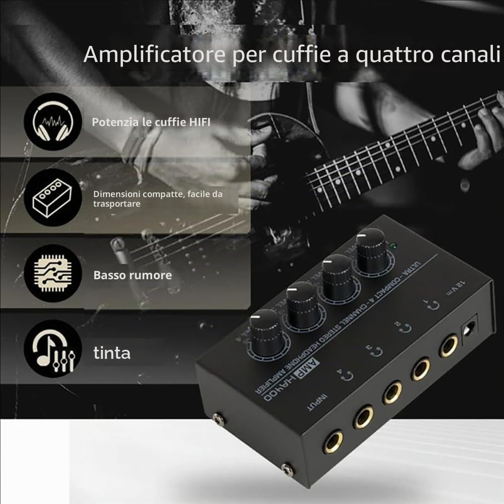 Amplificatore Cuffie,Amplificatore Per Cuffie,Mini Amplificatore Per Cuffie,Splitter Per Cuffie,Monitor a 4 Canali,Con Alimentazione a 12 v,Alta Risoluzione Sonora,Per Concerti,Lezioni, Chitarra,Ecc.