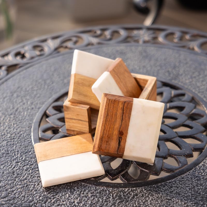 Image of Ireka Home Wood & Marble Coaster Set with Holder, Set of 4 | Handmade Stone Coasters, For Tea Cups, Coffee Mugs & Glasses, Home Decor