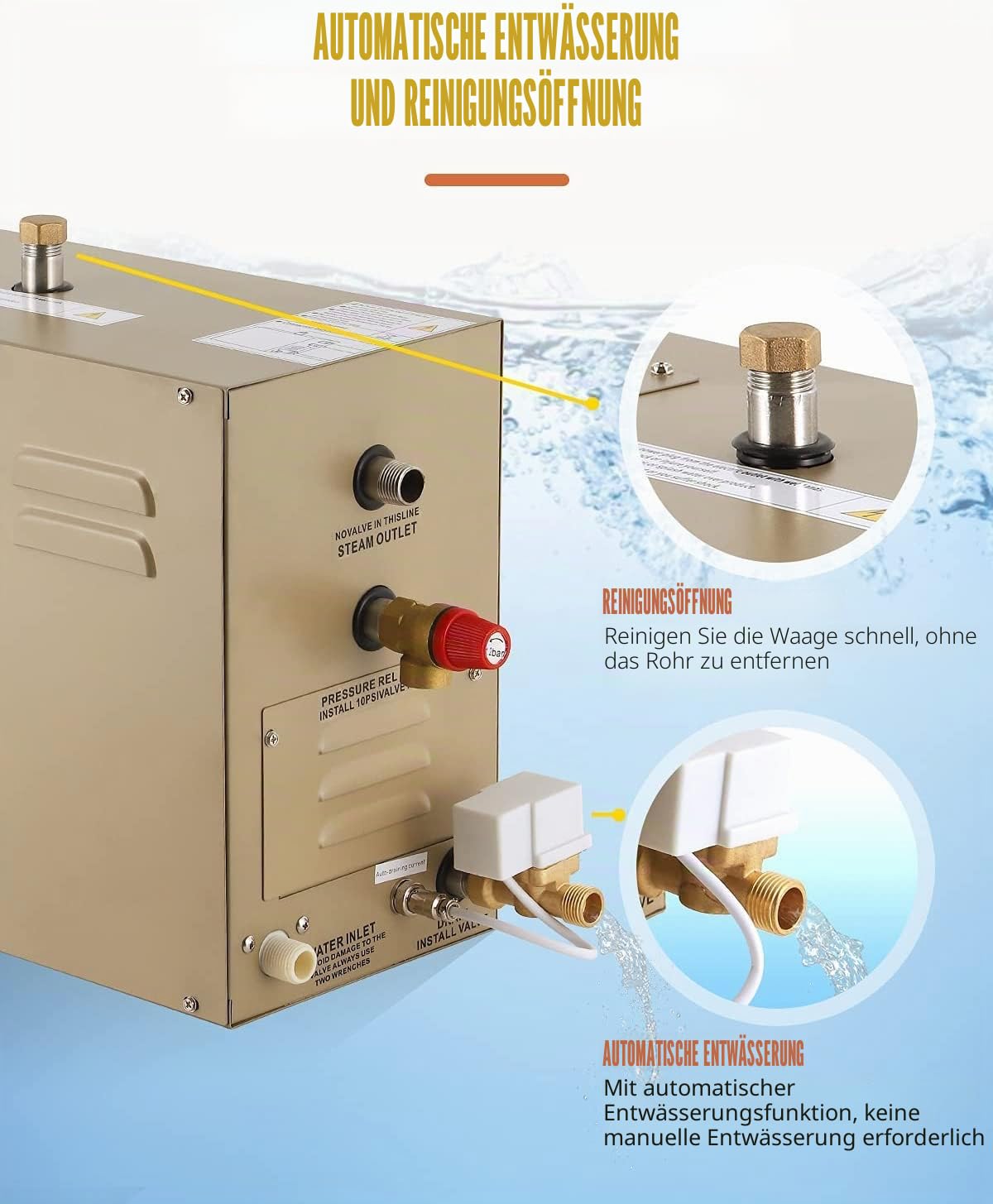 CGOLDENWALL 4.5 KW Sauan Dampfgenerator mit Automatischer Entwässerung 220 V für Zuhause und Gewerbe, Geeignet für Sauna/Dusche/Bade/SPA mit Intelligentem Touch-Controller 25-55°C, 3-4.5m3 Raumheizung