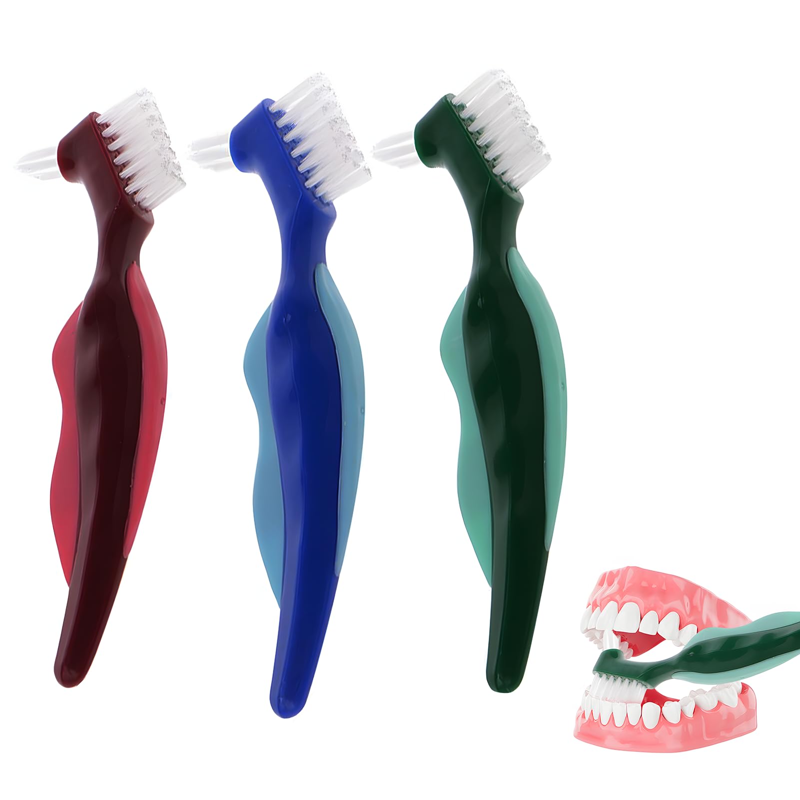 3pcs Spazzola Pulizia Dentiera, Spazzolino per Dentiera a Doppia Testa, Spazzole Protesi Dentale con Setole Multistrato, Spazzolino a Setole Dure per Denti Finti Ergonomico per Protesi Care