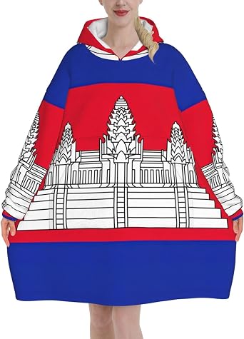 Cambodia Flag Wearable Blanket With Sleeves, Hoodies For Women And Men - Oversized Hooded Blanket Sweatshirt