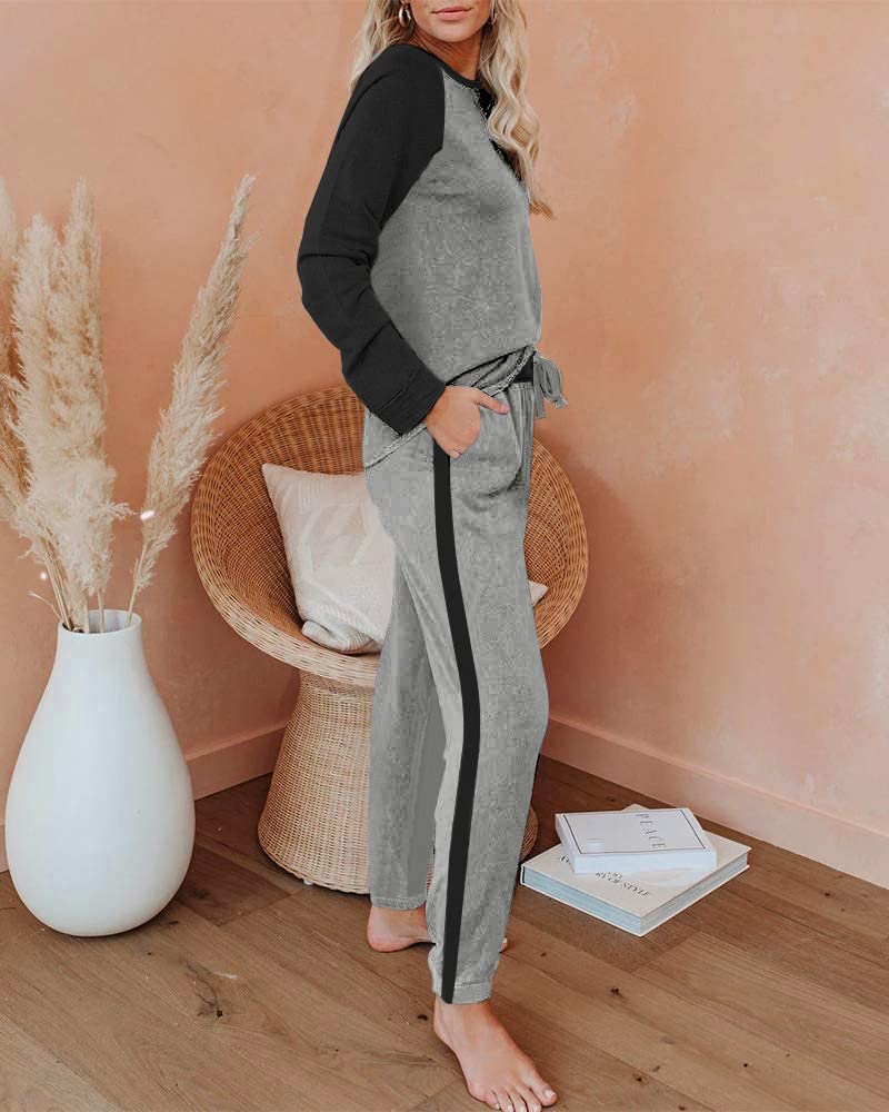 Ekouaer Conjunto de pijama de dos piezas para mujer, conjunto de pijama de manga corta con cuello redondo y pantalones deportivos