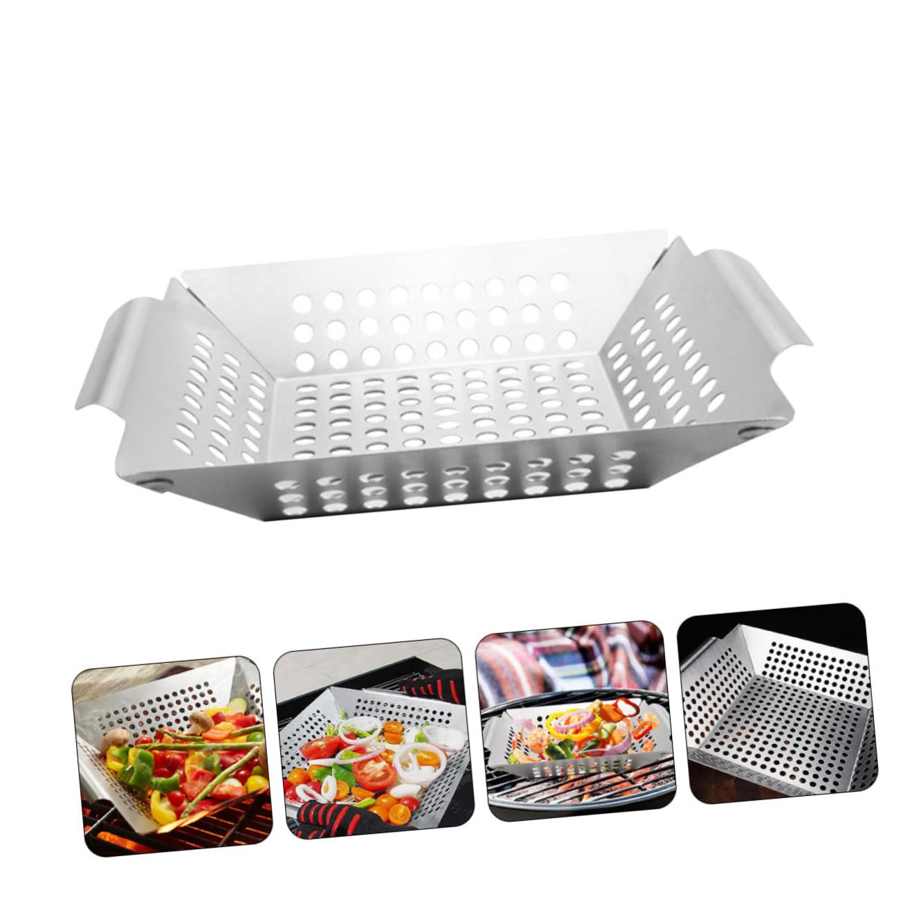 Griglia per barbecue in acciaio inox con doppi manici, padella portatile per campeggio all'aperto e cucina al chiuso, ideale per carne, verdure e pesce, facile da pulire