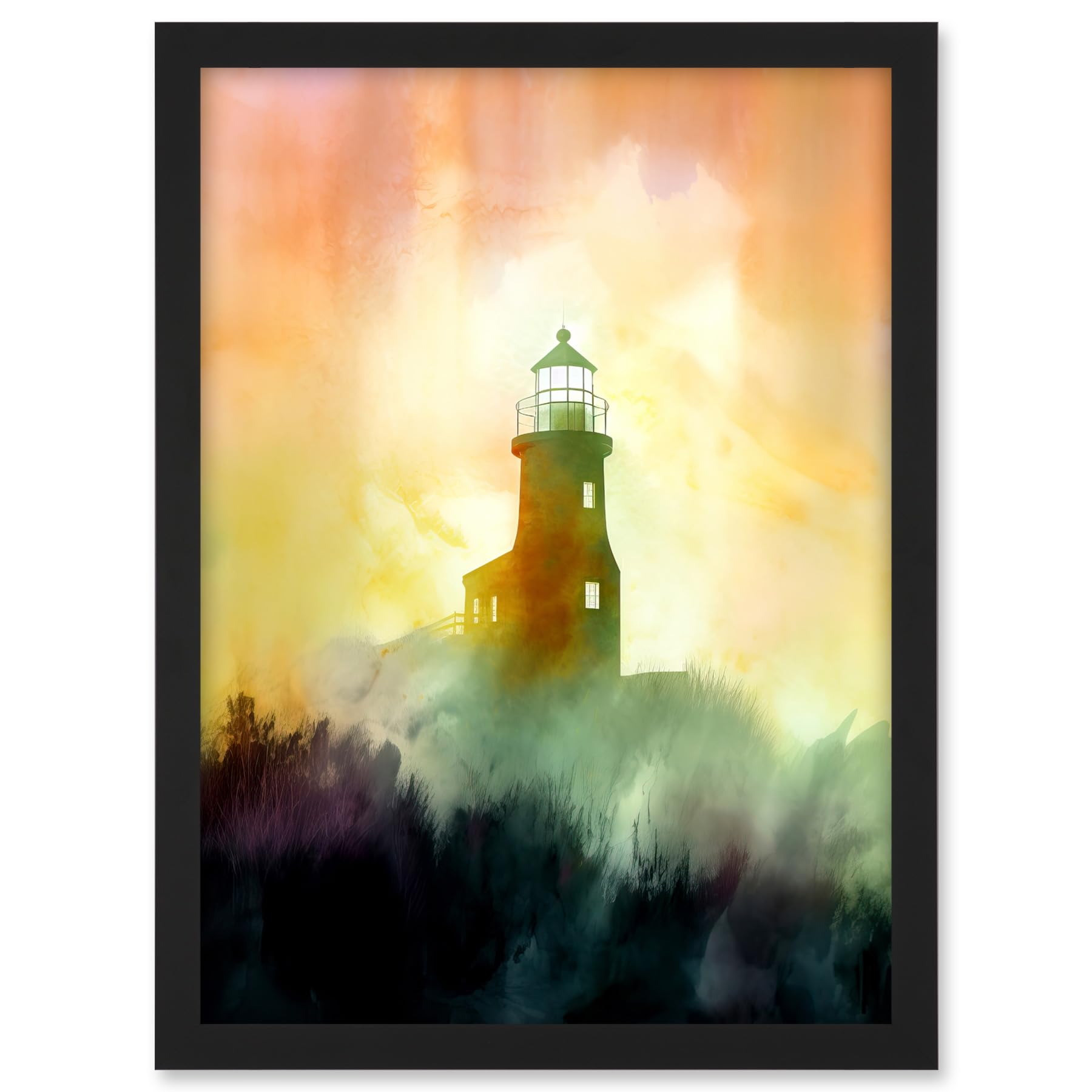 Artery8 Lighthouse in the Fog Watercolour Painting Soft Atmospheric Light Coastal Landscape Artwork Framed A3 Wall Art Print