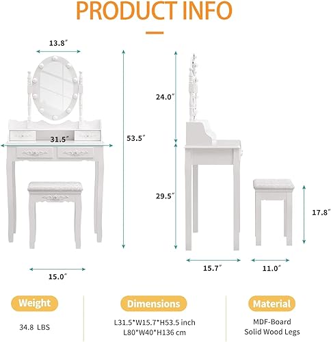 Miniatura 7 de Alohappy Juego de tocador de maquillaje para niñas, tocador con espejo iluminado y taburete, mesa de maquillaje con 4 cajones para dormitorio, baño