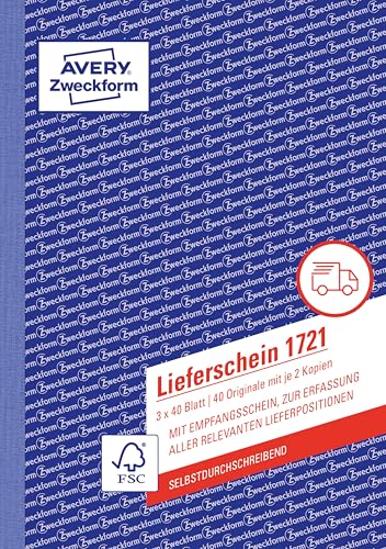 AVERY Zweckform 1721-10 Lieferschein mit Empfangsschein (A5, 3x40 Blatt, selbstdurchschreibend mit farbigen Durchschlägen, zur Erfassung aller relevanten Lieferpositionen) 10er Pack, weiß/gelb/rosa