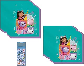 Gabbys Dollhouse Birthday Party Supplies Bundle includes 32 Beverage Cake Paper Napkins and 1 Dinosaur Sticker Sheet