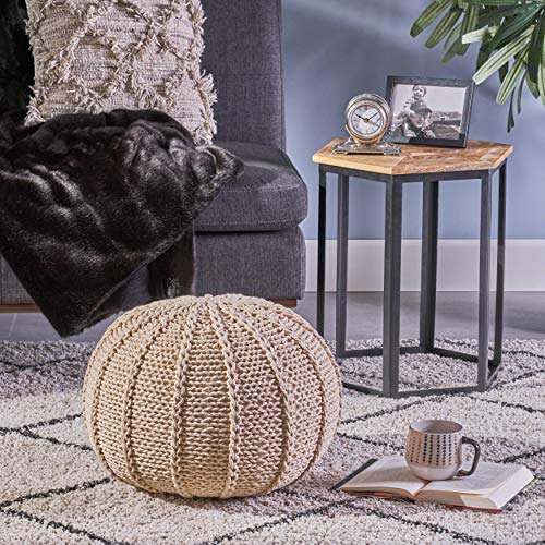Christopher Knight Home Agatha Knitted Cotton Pouf, Beige Small