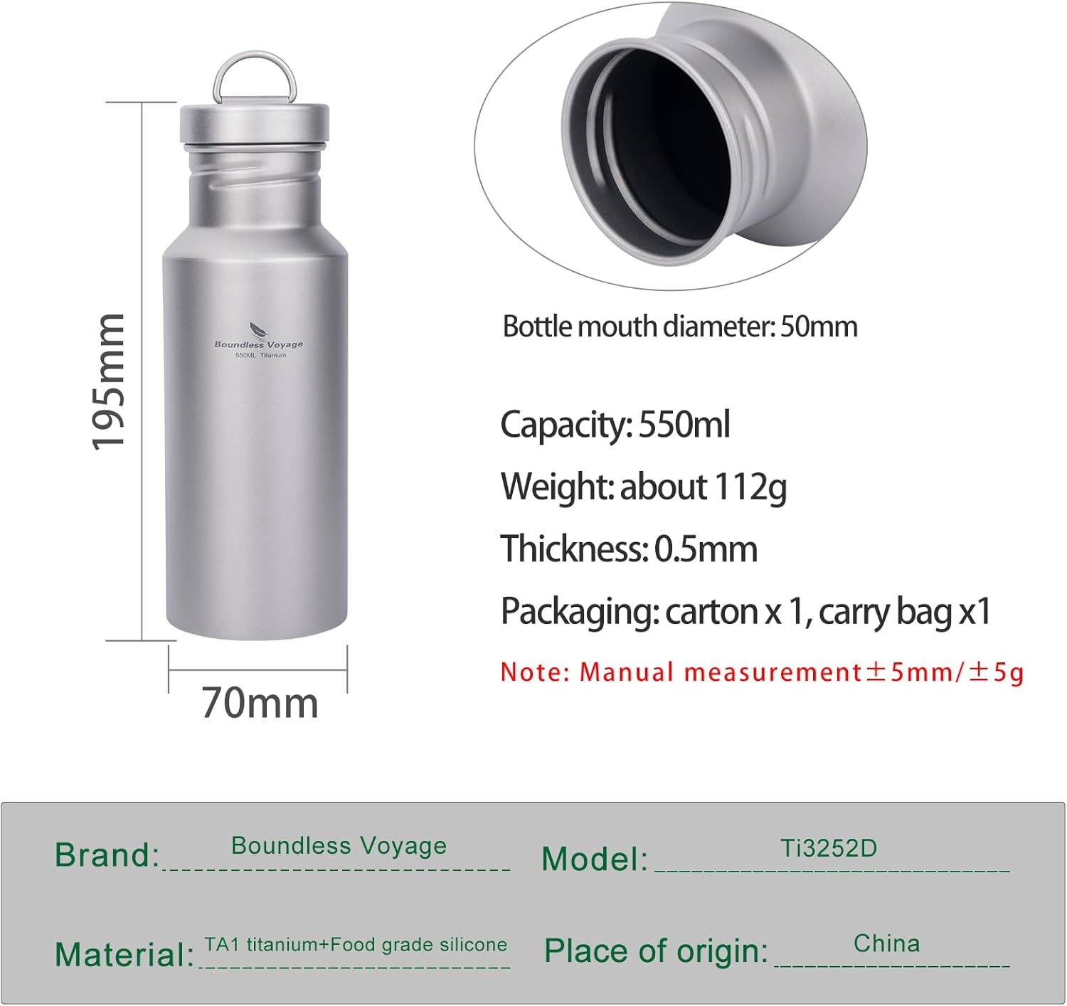Boundless Voyage Titanium Water Bottle with Lid Wide Mouth Leak-Proof Reusable Sport Drinking Bottle for Camping Hiking Climbing Running Tea Coffee (550ml) - Image 3
