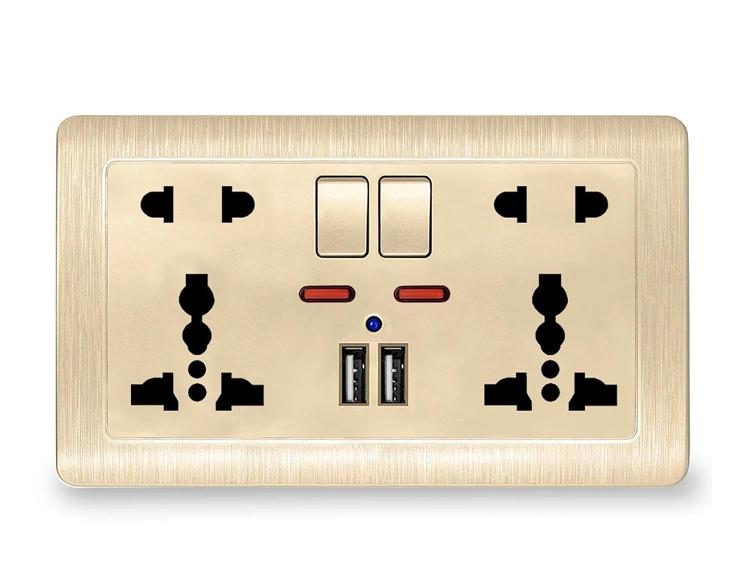 International Universal 5 Hole Socket,USB Charger Port,AC110V-250V, EU Standard Wall Power Socke Dual USB Switched Outlet(Gold)