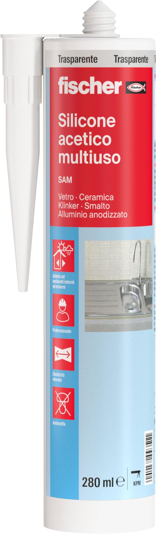 Fischer Silicone Acetico Multiuso SAM 280 Trasparente, Sigillante Antimuffa per Vetro, Alluminio, Smalto, Ceramica, Adatto per Bagno e Cucina, 9351