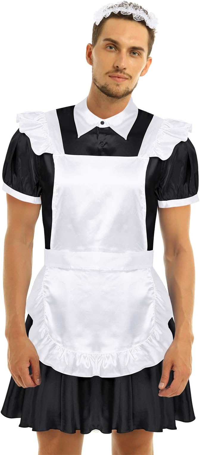 Sissy Satin Frilly French Maid Male Adult Uniform Fancy Dress Costume Party Outfits