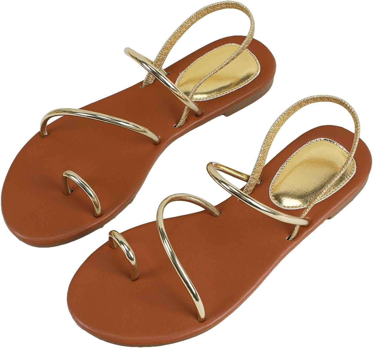 GORGLITTER Women’s Metallic Sparkly Strappy Flats Sandal Cute Toe Ring Ankle Sandals Gold 6.5