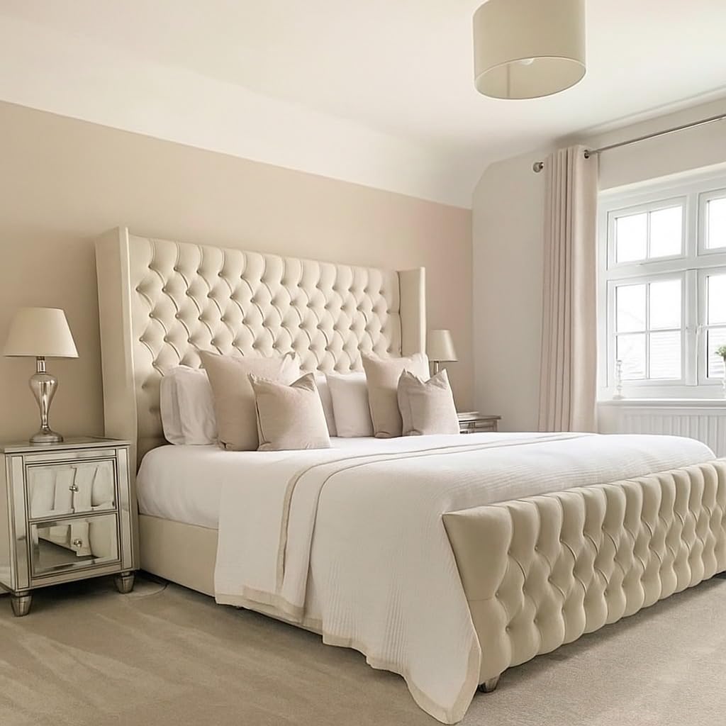 Bespoke Chesterfield Chelsea Wing Bed Frame - UK made - Single/Double/King/Super King Size Plush Velvet Fabric Upholstered (Cream Plush, Single 3ft)
