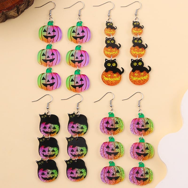 Halloween Pumpkin Earrings for Women Funny Colorful Acrylic Pumpkin Drop Dangle Earring Cute Black Witch Cat Earrings Halloween Party Costume Accessories - Image 7