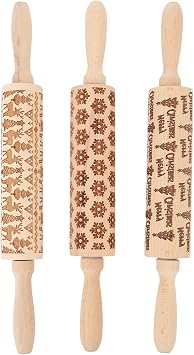 3Pcs Wooden Embossed Rolling Pin, Engraved Christmas Pattern Rolling Pin for Baking Cookies, Composite Wood Embossing Roller with Ergonomic Handle for Pastry Pizza