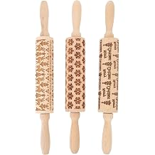 3Pcs Wooden Embossed Rolling Pin, Engraved Christmas Pattern Rolling Pin for Baking Cookies, Composite Wood Embossing Roller with Ergonomic Handle for Pastry Pizza