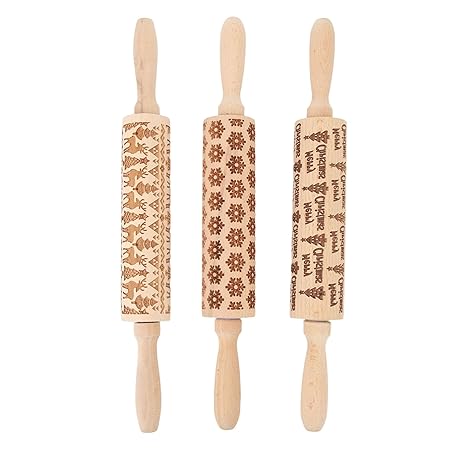 3Pcs Christmas Rolling Pin, Cute Engraved Embossing Rolling Pin Xmas Decorative Baking Equipment for Baking Christmas Theme Pastries