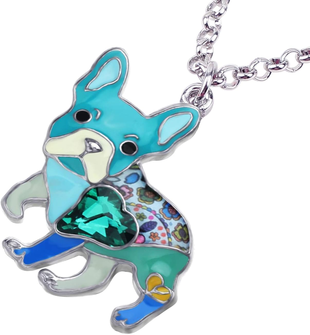 NEWEI Dainty Enamel French Bulldog Necklace Pendant Rhinestone Dog Jewelry for Women Girls Charms (Blue), 32mm x 33mm - Image 4