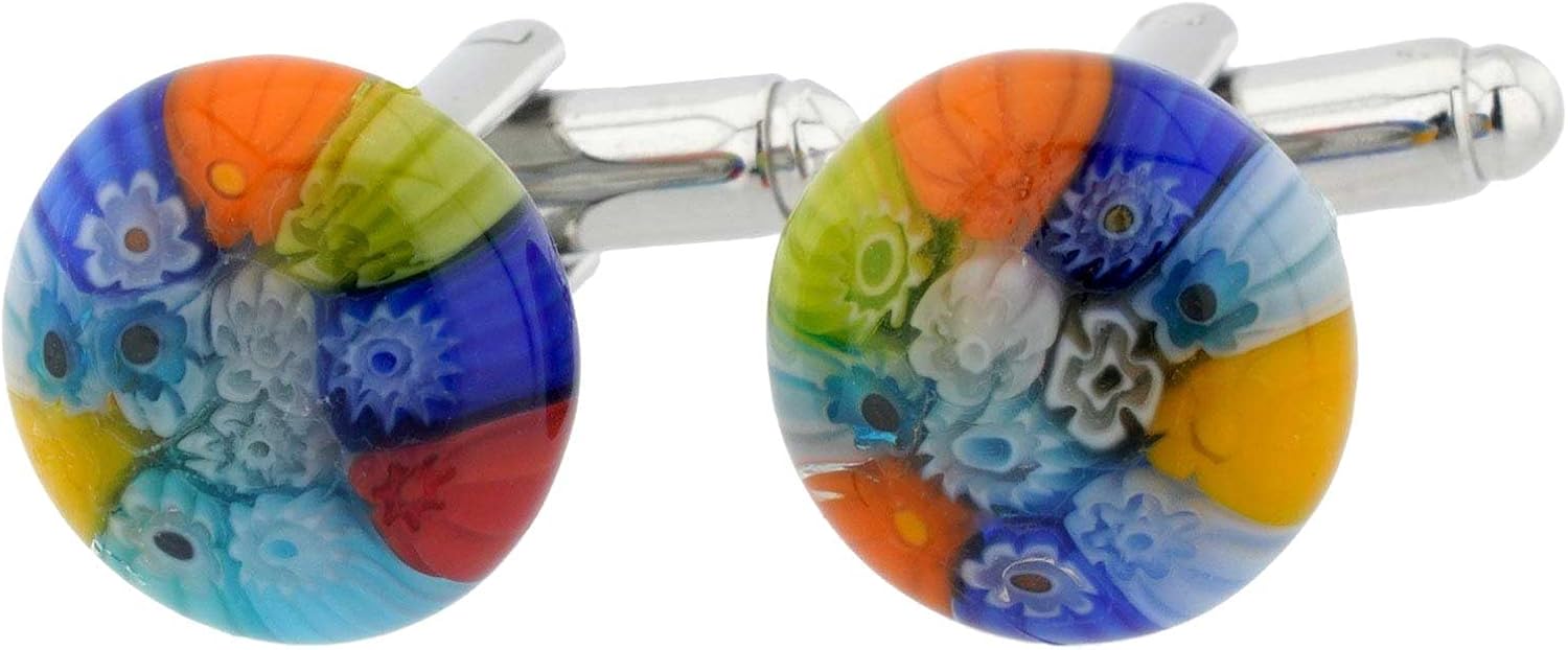GlassOfVenice Murano Glass Millefiori Cufflinks for Men Italian Glass Cuff Links 1/2 Inch Round Mosaic Glass Handmade in Italy - Multicolor