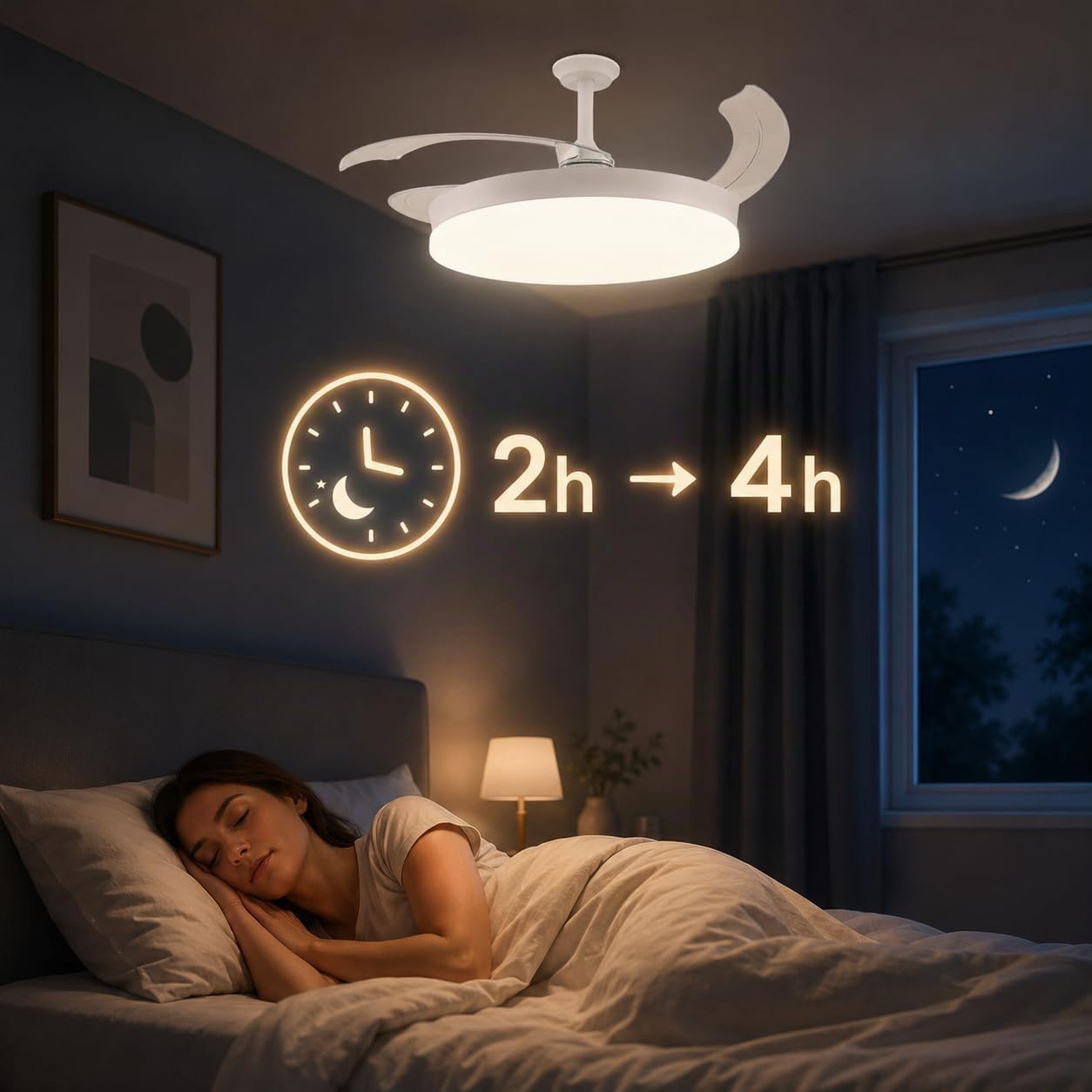 M mimotec- Ventilador de Techo White Guadix Retráctil con Luz LED CCT 36W Ø107 cm, Motor DC Silencioso 30W, Mando a Distancia, 6 Velocidades, Aspas Plegables, Temporizador y Función Verano/Invierno | CCT 36W, Ø107 cm, Motor DC Silencioso 30W, 6 Velocidade
