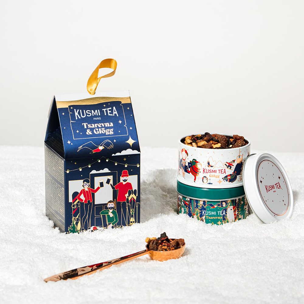 Kusmi Tea - Mini Caja de Regalo - 2 Miniaturas de Té Orgánico Tsarevna y Glögg - 45g - Ideas de regalo para hombres y mujeres - Cinta para colgar en el árbol