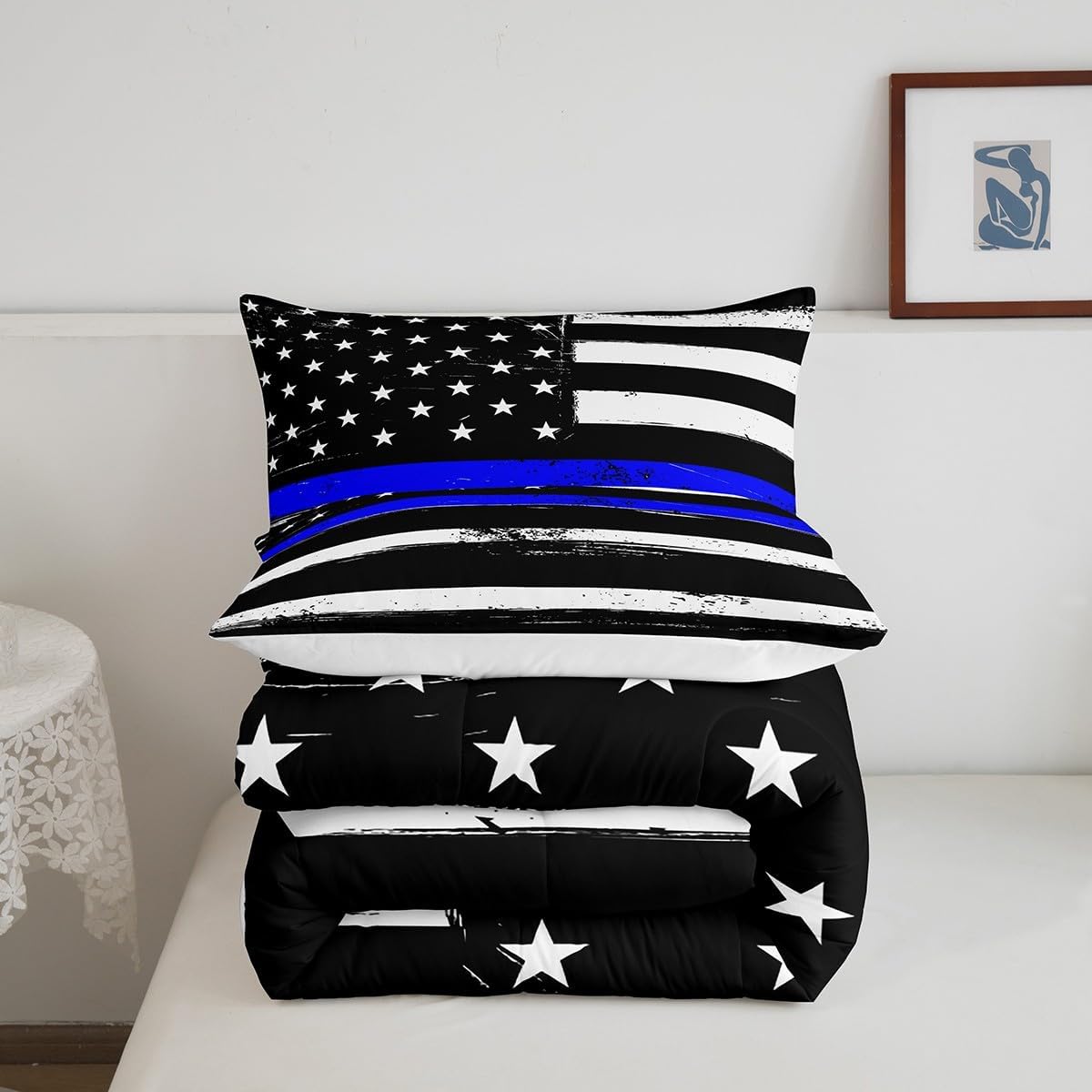 American Flag Comforter Blue Black White USA Flag Comforter Set Independence Day Celebration Image Bedding Set for Boys Girls Kids Room Decor Geometric Stripe Down Alternative Comforter Full Size