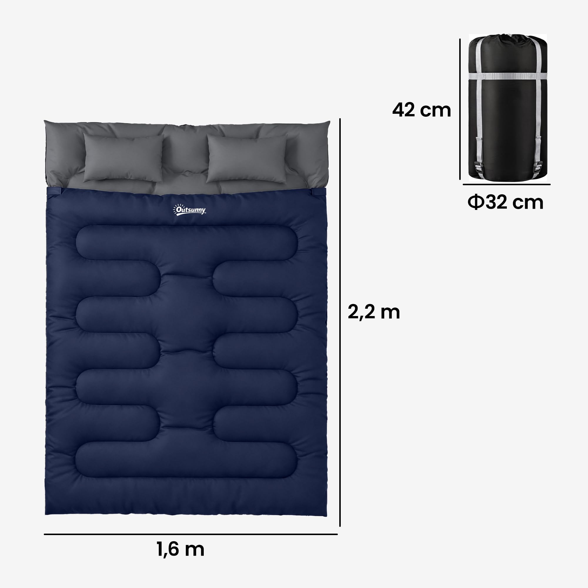 Outsunny Saco de Dormir Doble Adulto, Ligero, Tamaño Queen para 2 Personas 3 Estaciones, Saco de Dormir Rectangular con 2 Almohadas y Bolsa Transporte, para Días Fríos, Acampar, Senderismo Azul Oscuro