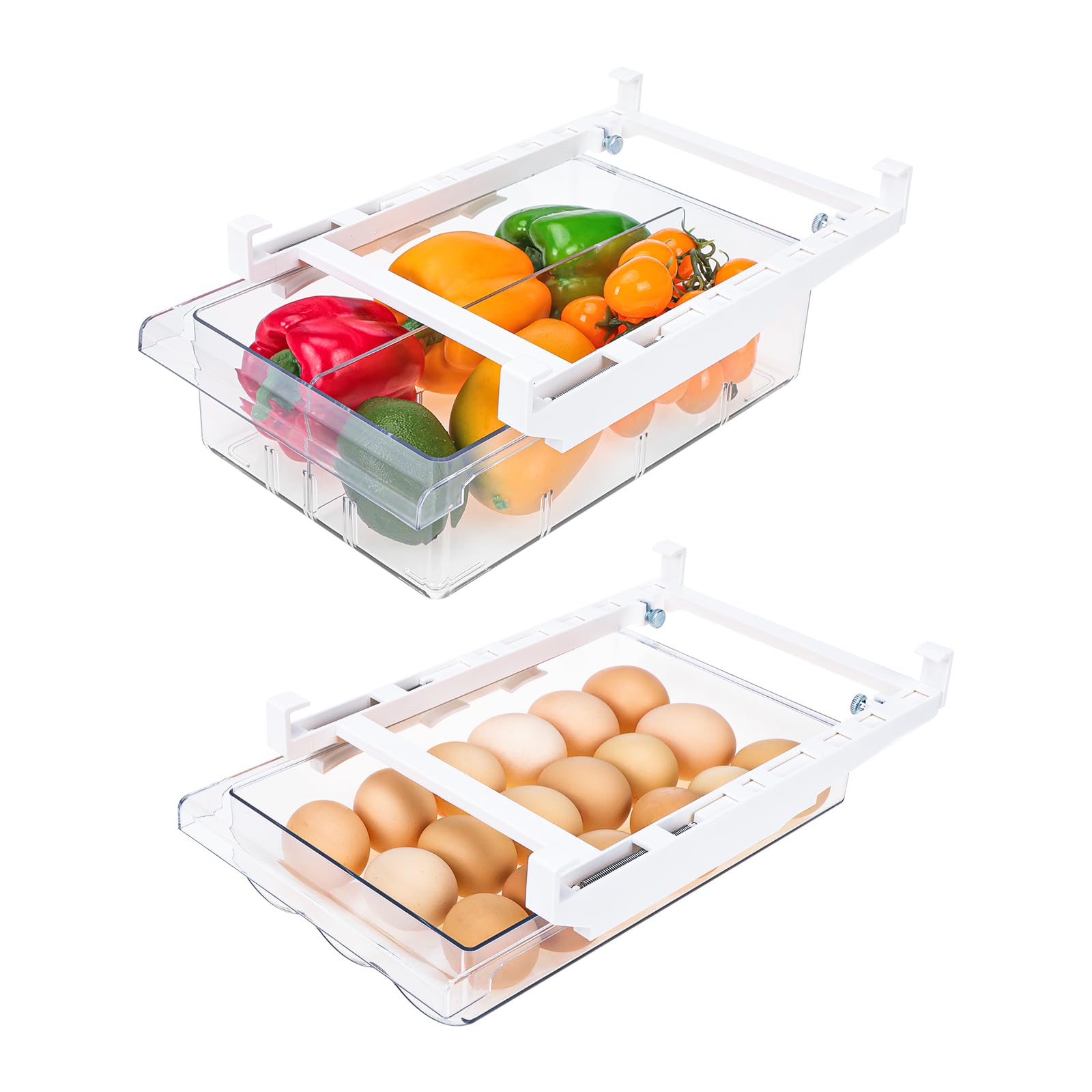 Moretoes 2 Pack Fridge Drawer Organizerï¼ŒPull Out Refrigerator Shelf Drawer Organizer & Egg Storage Container for Egg, Fruit, Vegetable, Seafood, Meat