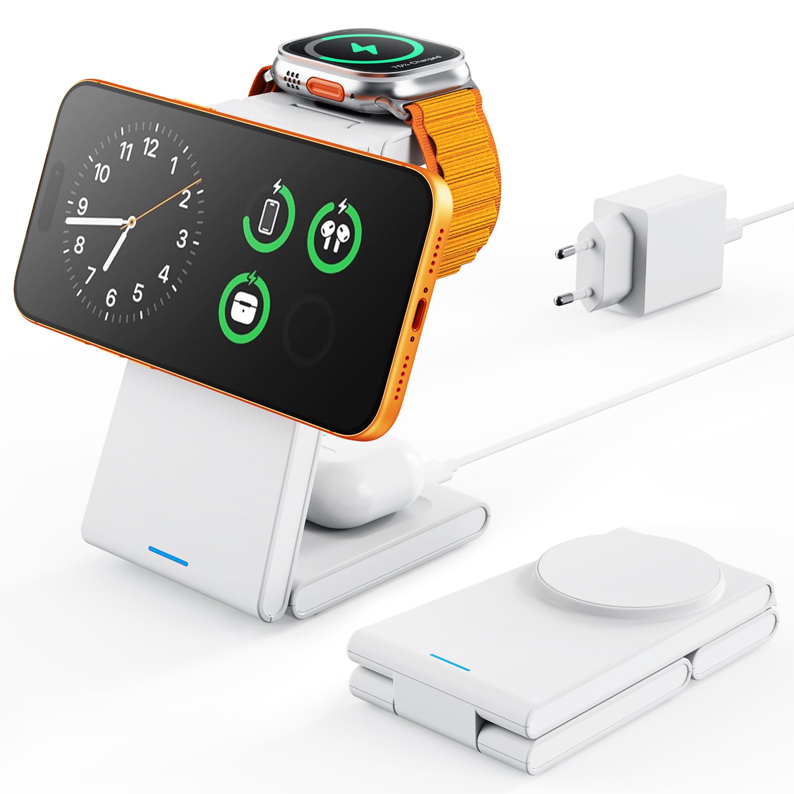 GEEKERA Station de Charge 3-en-1 pour Apple: Chargeur Magnétique pour iPhone Air/17-12, Support Chargeur pour iWatch, Chargeur à Induction Compatible avec MagSafe pour AirPods, Blanc Mat