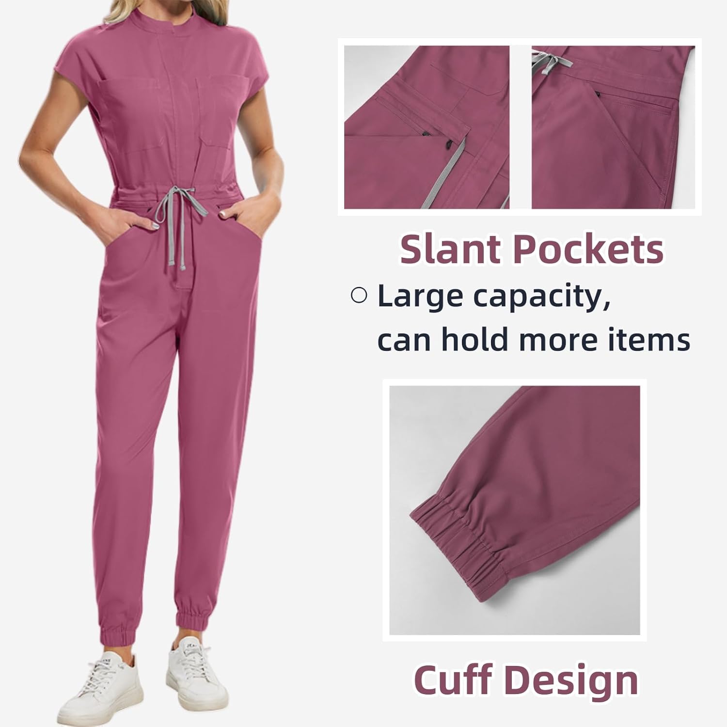 Scrub Jumpsuit for Woman,One Piece Scrubs Jumpsuit,Drawstring Waist,Multiple pockets Set with Pockets