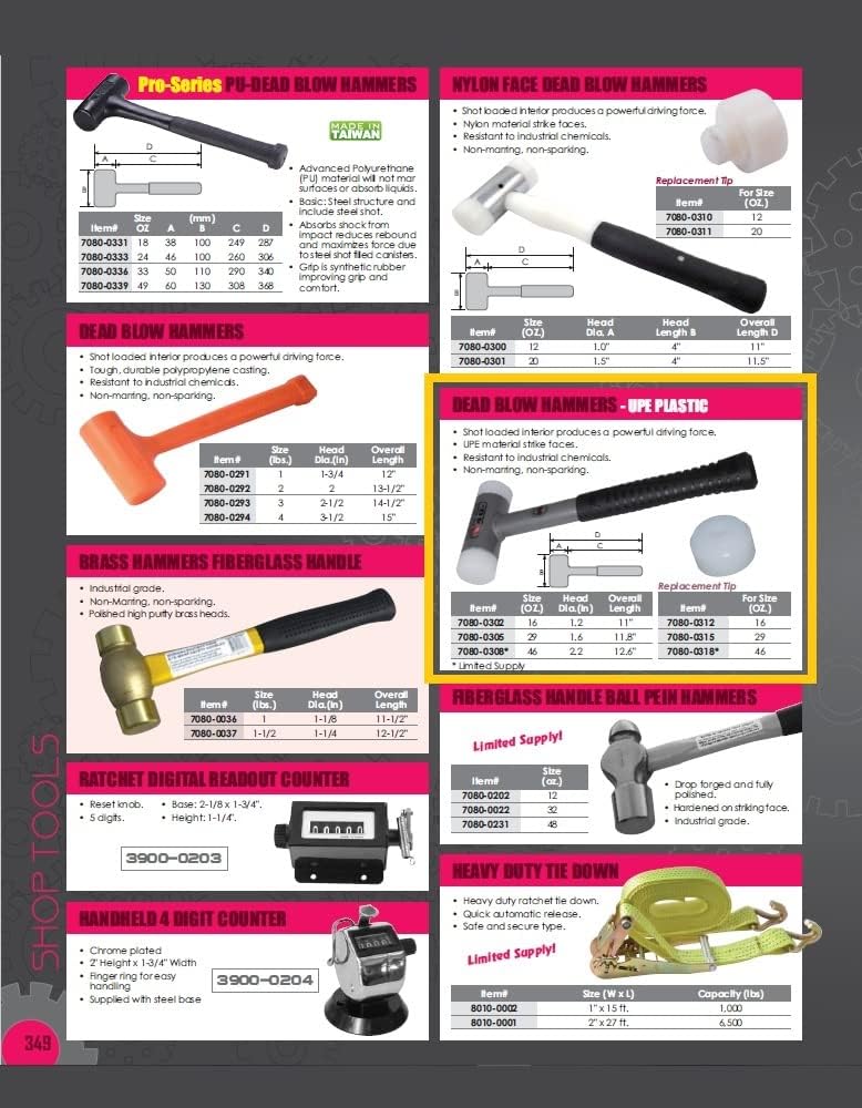 HHIP Pro Series 7080-0305 Vertex Dead Blow Hammer, Deadblow Mallet w/UPE Plastic Face, 1.6” Diameter Steel Shot Head, Non-Marring, 29 oz