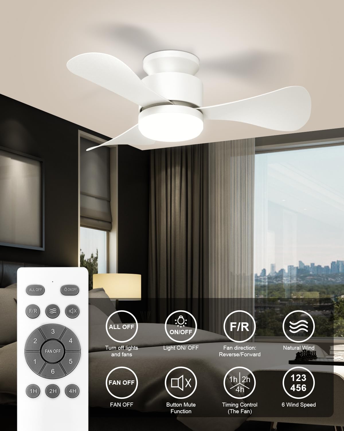 Airwit 71cm Ventilatore da Soffitto con Luce Silenzioso, Piccolo Lampadario Ventilatore Soffitto con Telecomando e Reversible DC Motore, Lampada Ventilatore LED per Camera da Letto, Soggiorno, Cucina