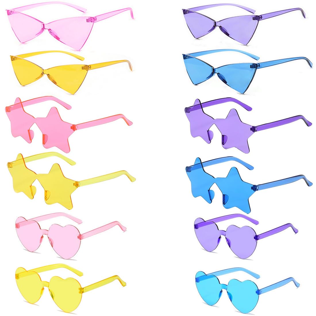 12 pares Gafas de fiesta, gafas sol sin montura con forma corazón, estrella o triángulo, divertidas gafas fiesta, gafas hippies con forma corazón, set gafas fiesta para niños y adultos